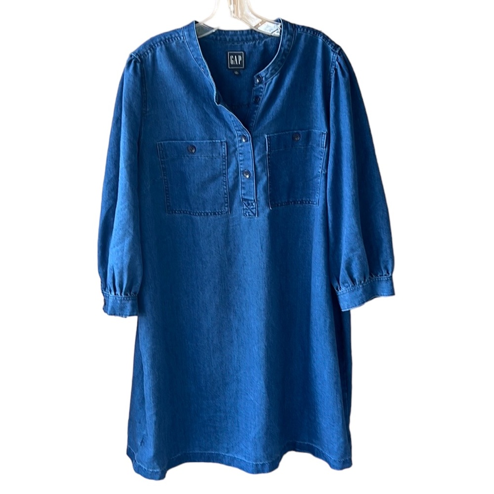 Gap Women’s XXL Essential Denim Shirt Dress Utility Pockets 3/4 Sleeve. Med Wash